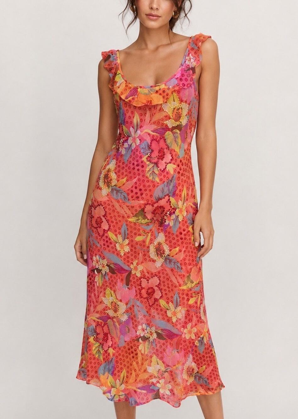 NWT Chaudry Y2K Floral Sequin Beaded Mesh Maxi Dress Pink Size L
